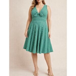 Hutch Green Striped Fit & Flare Midi Dress XL Bow Front Sleeveless Retro Mod